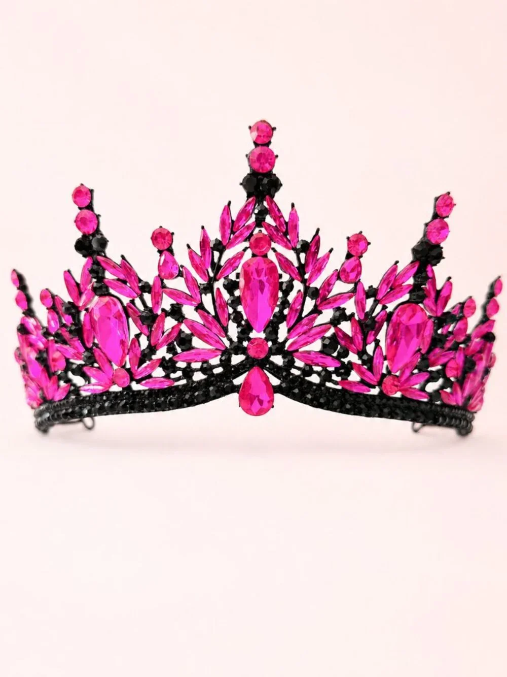 Hot Pink Rhinestone Headpiece, Gothic Fuchsia Crystal Tiara, Black Crown
